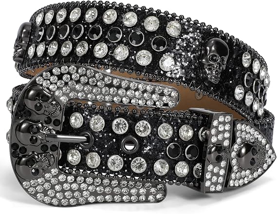 SUOSDEY Rhinestone Skull Belt Men Women Bling Stylish Belt Punk Fashion Studded Leather Belt for Jeans Pants Jacket - skull jacket