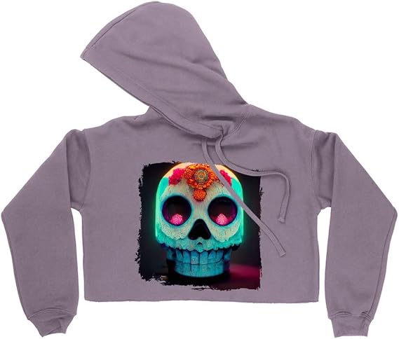 Day of The Dead Sugar Skull Women's Cropped Fleece Hoodie - Neon Light Cropped Hoodie for Women - Printed Hooded Sweatshirt - skull hoodie