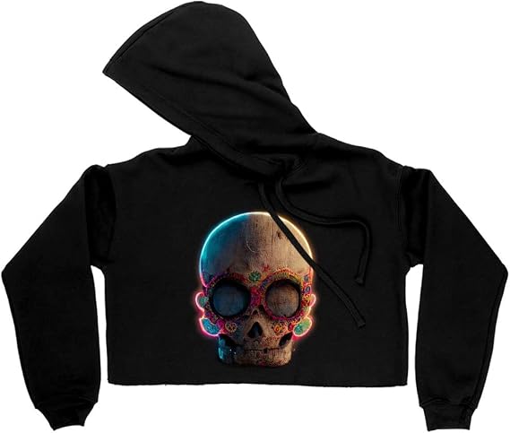 Sugar Skull Women's Cropped Fleece Hoodie - Day of The Dead Cropped Hoodie for Women - Festive Hooded Sweatshirt - skull hoodie