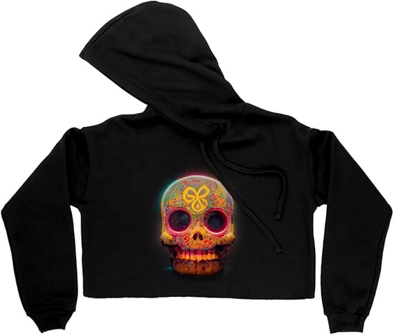 Floral Skull Women's Cropped Fleece Hoodie - Dia De Muertos Cropped Hoodie for Women - Sugar Skull Hooded Sweatshirt - skull hoodie