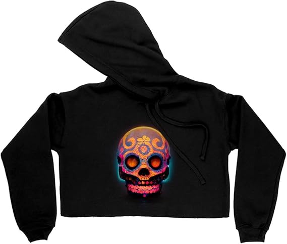 Dia De Muertos Women's Cropped Fleece Hoodie - Sugar Skull Cropped Hoodie for Women - Festive Hooded Sweatshirt - skull hoodie