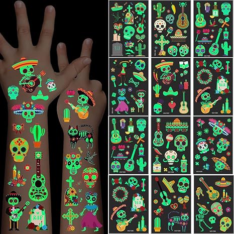 Day of the Dead Luminous Halloween Temporary Tattoo, 125PCS Waterproof Fake Face Tattoos, Body Stickers Decorations Glow in the Dark, Makeup Party Favors Supplies Decor - sugar skull makeup