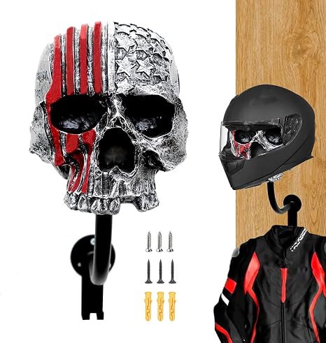 Motorcycle Helmet Rack Wall Mount,Red Skull Helmet Holder Wall Mount with Hooks Helmet Hanger for Coats, Caps, Baseballs and Rugby Helmet,Motorcycle Accessories - skull helmet