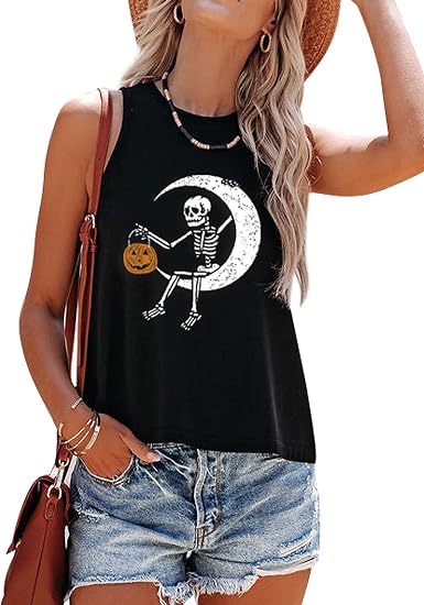 Women's Halloween Skeleton Pumpkin Skull Graphic Tank Tops - skull tank tops