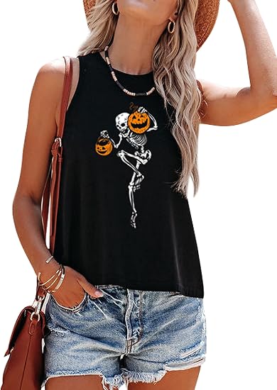 Women's Halloween Skeleton Pumpkin Skull Graphic Tank Tops - skull tank tops