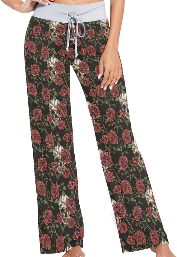 Womens Chic Comfy Cute Drawstring Lounge Pajama Pants High-Waist Wide Leg Girls Sleepwear Long Yoga Pjs Bottom - skull pajamas