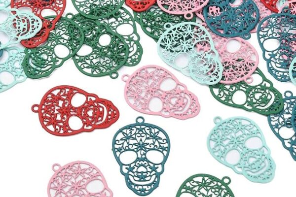 LiQunSweet 50Pcs 5 Colors Stainless Steel Filigree Skeleton Charms Mexican Sugar Skull Charm for Halloween Jewelry Making