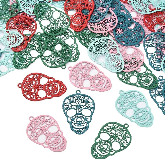 LiQunSweet 50Pcs 5 Colors Stainless Steel Filigree Skeleton Charms Mexican Sugar Skull Charm for Halloween Jewelry Making - sugar skull handbags for sale