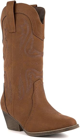Sugar Women's Western Cowboy Boots – Mid-Calf Pointed Toe Booties with Stitch Detailing/Perforated Design – Pointed Toe, Block Heel, Pull-On Fit - sugar skull boots