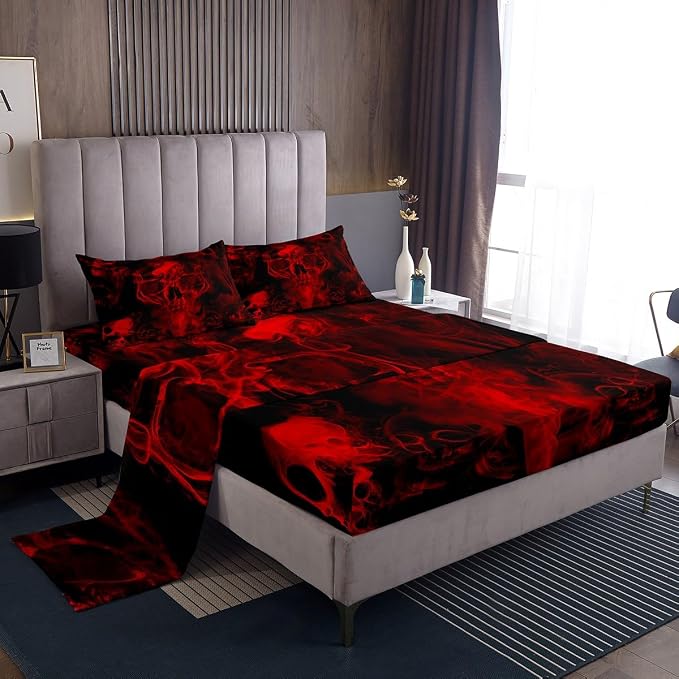 Gothic Skull Bed Sheets Red and Black Skeleton Sheet Set King for Boys Teens Men Women,Psychedelic Goth Skull Bedding Set Trippy Smoke Halloween Fitted Sheet + Horror Flat Sheet + 2 Pillow Cases - skull bedding