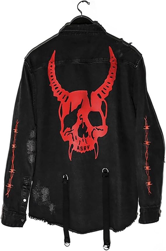 DIOTSR Mens Distressed Denim Jacket Casual Ripped Holes Jean Jacket Hip Hop Punk Street Outwear Black - skull jacket