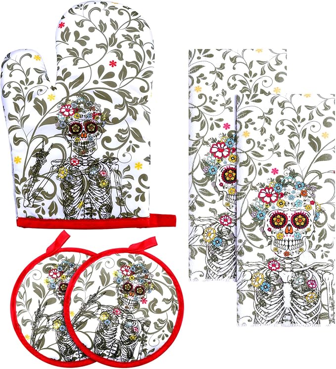 Oudain 5 Pcs Sugar Skull Kitchen Gifts Set Include Oven Mitts Potholders and Dish Towels for Chef Gothic Sugar Skull Decoration for Mexico Kitchen Cooking Baking Christmas Stocking Stuffing - skull candle