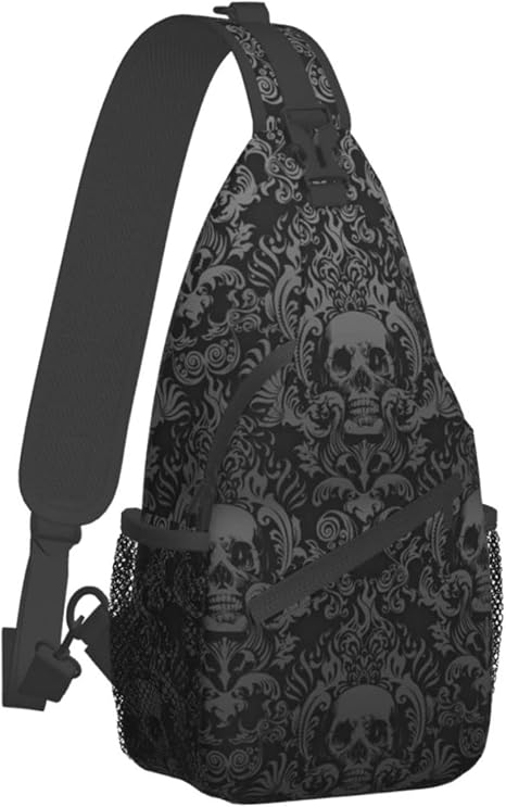 Victorian Gothic Black Skull Hiking Daypacks,Crossbody Sling Backpack Shoulder Bag Chest Bag,With Adjustable Strap High Capacity,For Men Women Outdoor Cycling Hiking Travel One Size - sugar skull handbags for sale