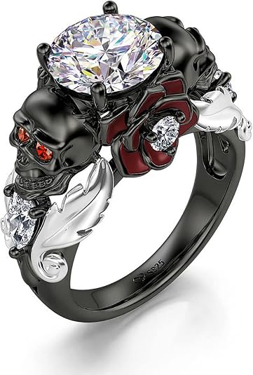 Jeulia 2.55ct Skull Engagement Ring Sets Sterling Silver Heart Cut Red Diamond Ruby Rings Cubic Zirconia Wedding Promise Anniversary Romantic Jewelry for Women Grils Bridal with Gift Box - skull ring