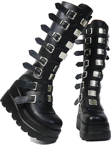 Gothniero High Platform Knee Boots Chunky Heel Wedge Black Boots For Women Combat Goth Punk Motorcycle Booties Zip up With Metal Buckles Size5-11 - sugar skull boots