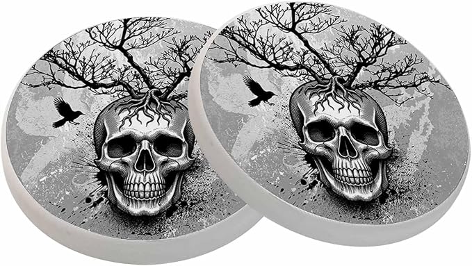 oFloral Skull Coasters for Drinks Bird Bleak Tree Creative Art Cups Place Mats for Home Decor Set of 2, 4 Inch - skull coaster