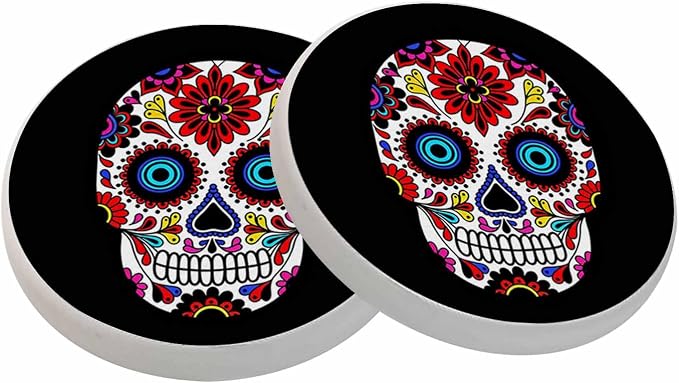oFloral Sugar Skull Coasters for Drinks Flower Tattoo Traditional Day of The Dead Cups Place Mats for Home Decor Set of 2, 4 Inch - skull coaster