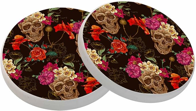 oFloral Skull Coasters for Drinks Rose Flower Bloom Folk Culture Festival Cups Place Mats for Home Decor Set of 2, 4 Inch - skull coaster