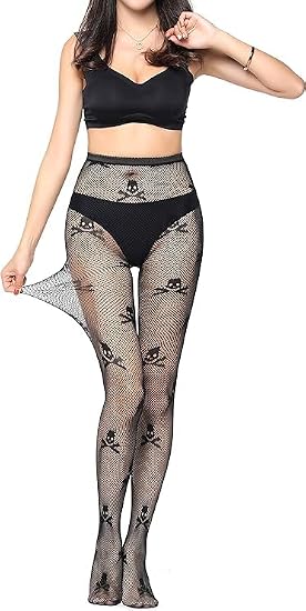 Fishnet Stockings for Women, Fishnet Tights for Halloween - skull leggings