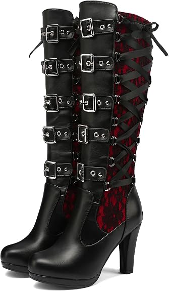 KysBloes Women Lace Goth Knee High Boots Buckle Block Heel Lace Up Boots - sugar skull boots
