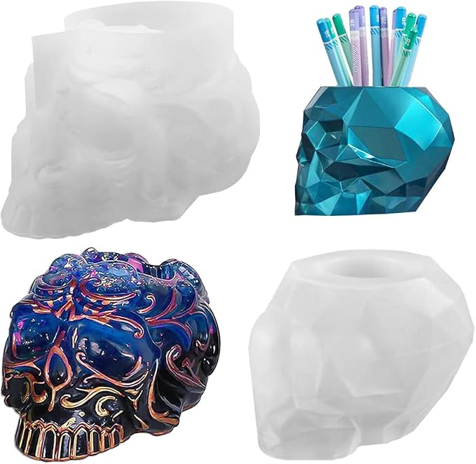 2 Set Skull Resin Molds, 3D Storage Resin Molds Silicone Epoxy Resin Molds for DIY Makeup Brush Pen Holder, Jewelry Container Box, Candle Making Holder - skull candle