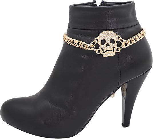 Women Fashion Metal Western Boot Bracelet Chain Shoe Anklet Gold Skeleton Skull Charm - sugar skull boots