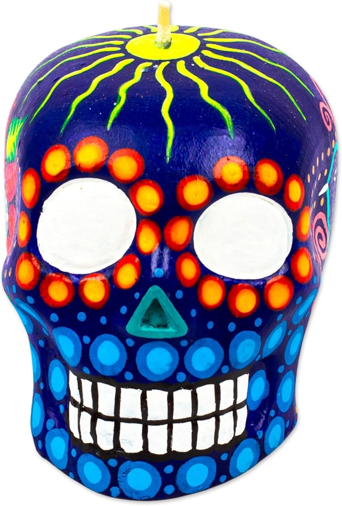 NOVICA Handmade Artisan Candle Colorful Purple Skull Painted Mexican Day - skull candle