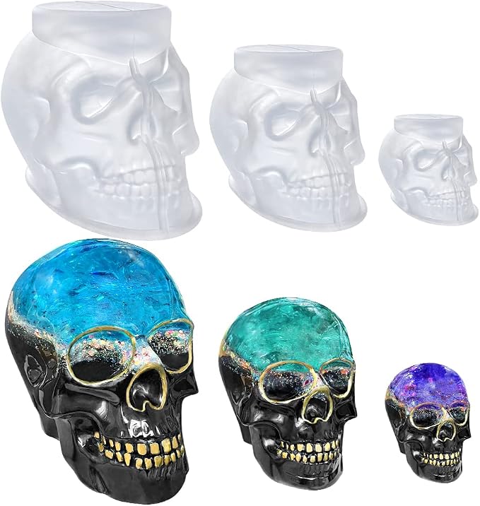 RESINWORLD Set of Large + Medium + Small 3D Skull Resin Molds, Flexible Clear Silicone Skull Head Molds, Silicone Molds for Resin, Soap, Clay, Candle Wax Casting, Halloween Home Decoration - skull ashtray