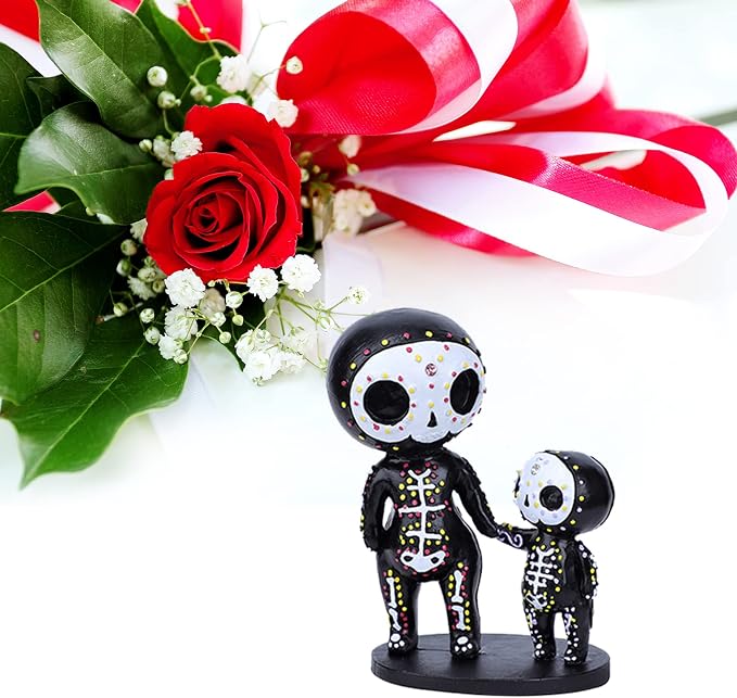 Sugar Skull Decor,Sugar Skull Couple Statue, Figurine,Resin Crafts Cute Statue Skeleton Memorial Sculpture, Halloween Home Decor Collectible Figurines,Sugar Skull Gifts for Women (E) - skull figurine
