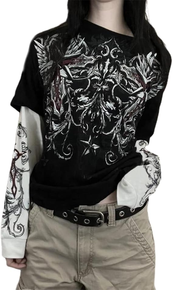 Y2k Fairy Grunge Graphic Long Sleeve Tees Tops Women E-Girls Aesthetic - skull tshirt