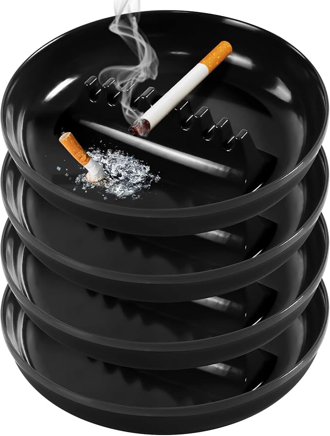 Plastic Ashtrays for Cigarettes and Cigars, Indoor Outdoor Ash Tray Large Size Tabletop Ashtray Decor for Home Office Restaurant Patio Bar - 4 Pack (Black) - skull ashtray