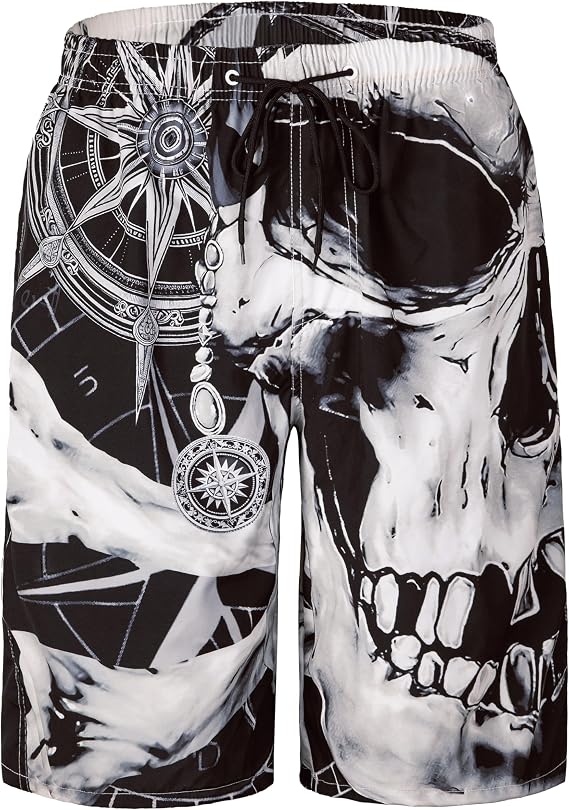 Mens Swim Trunks Quick Dry Board Shorts with Mesh Lining, Breathable Fit Print Beach Shorts Swimwear Bathing Suits - skull swimsuit