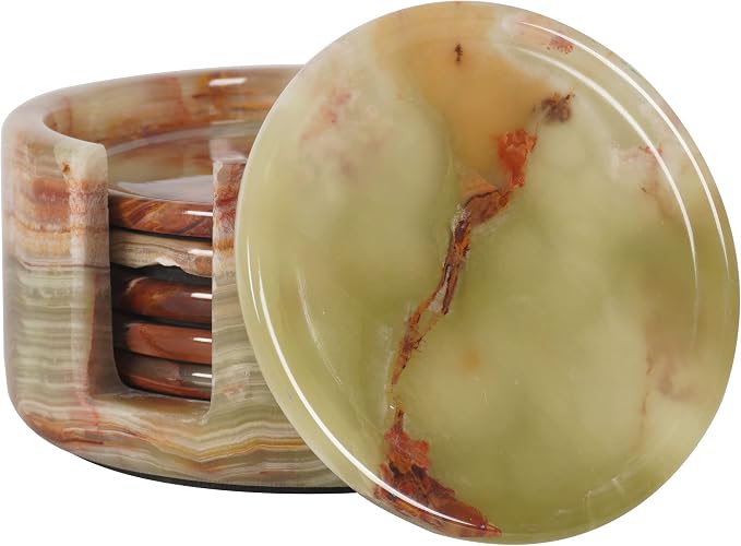 Radicaln Round Marble Coasters Set of 6 with Holder - Green Onyx Stone 3.5" - skull coaster