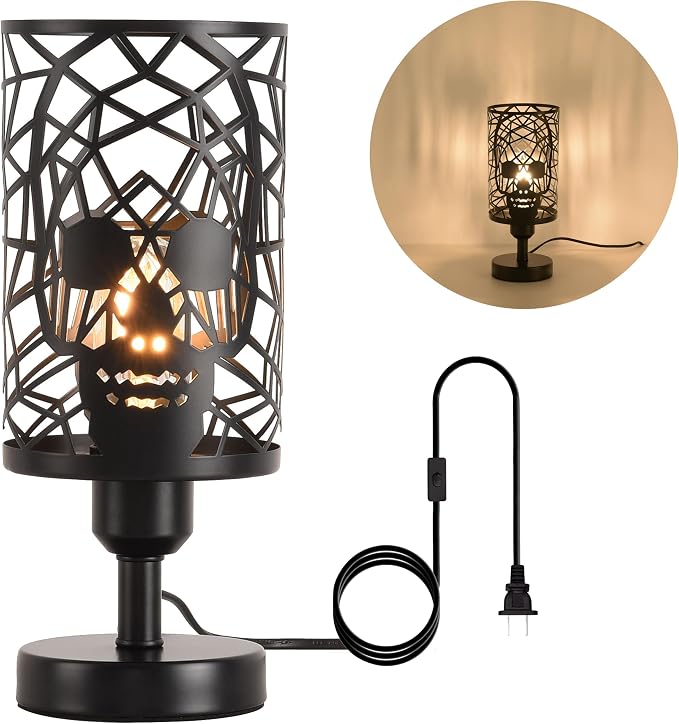 Skull Table Lamp with Plug-in Switch, Black Industrial Bedroom Lamp - skull lamp