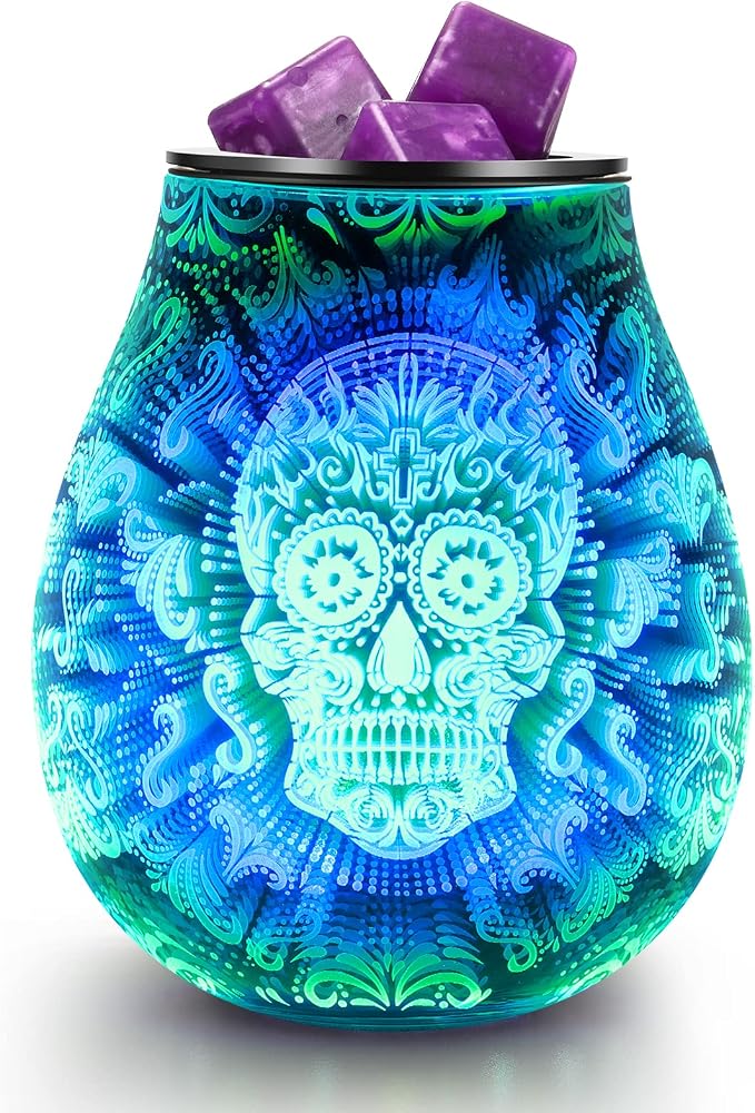 Inrorans Glass Electric Wax Melt Warmer Oil Burner with Stable Heating PTC Reusable Silicone Tray 7 Colorful Changing Led Light Night Light Scent Warmer for Home Fragrance Warmers-Skull - skull candle