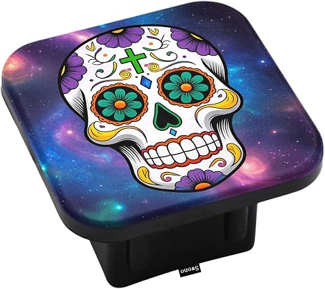 Swono Sugar Skull Travel Trailer Hitch Cover - Day of The Dead Floral Skeleton Galaxy Space Hitch Cover Tube Plug Universal Fits 2" Tow Hitch Receiver for Cars Trucks - skull plate
