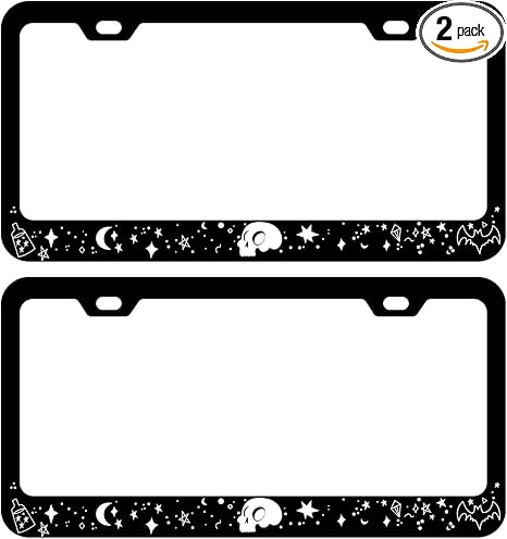 2 Pack Skull Stars Bat License Plate Frames, Stainless Steel License Plate Cover with Screw Caps Cover and Screwdriver Set - 2-Hole - skull plate