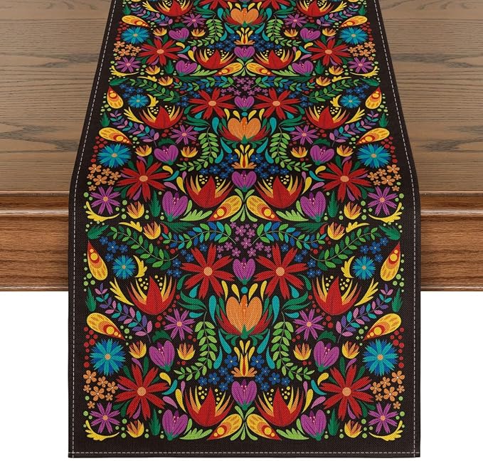 Artoid Mode Dia De Los Muertos Floral Fiesta Mexican Table Runner, Mexico Day of the Dead Kitchen Dining Table Decoration for Home Party Decor 13×72 Inch
