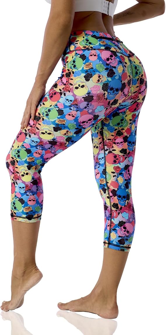 UIUO-UIPEU Pattern Printed Capri Leggings with Pockets for Women Tummy Control Workout Yoga Capris - skull leggings