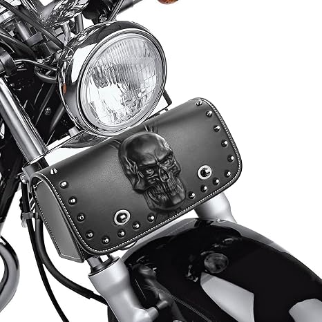 Universal Motorcycle 3D Skull Tool SaddleBags Front Fork Handlebar Bag PU Leather Sissybar Storage Pouch Compatible with Harley Dyna Scooter Softail Sportster Road King Kawasaki Suzuki - skull suitcase