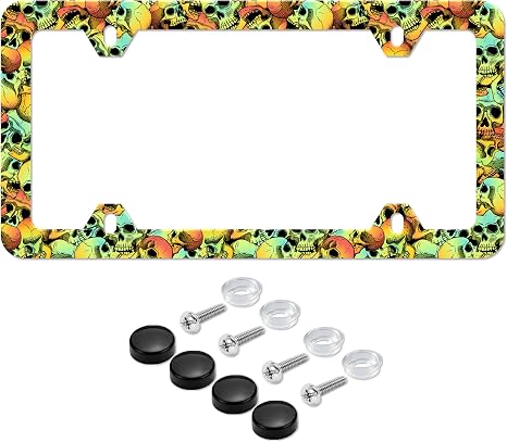 Sugar Skull License Plate Frame Colorful Skulls License Plate Holder Stainless Steel Auto Parts Decoration with Screws for Men Women License Plate 4 Holes 1pcs - skull plate