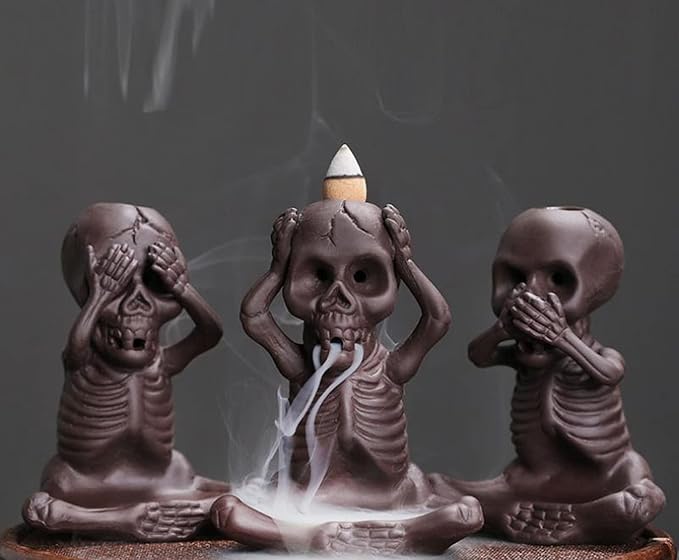 Comeon Backflow Incense Burner Skull Decor Incense Stick Holder Reverse Flow Censer Incense Waterfall Burner + Backflow Incense Cones, Incense Sticks, Tweezer, Mat (Set of 3) - skull ashtray