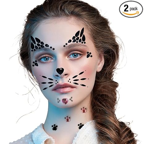 Cat Face Gems Pink Cat Print Jewels Tattoo Sticker - skull sticker