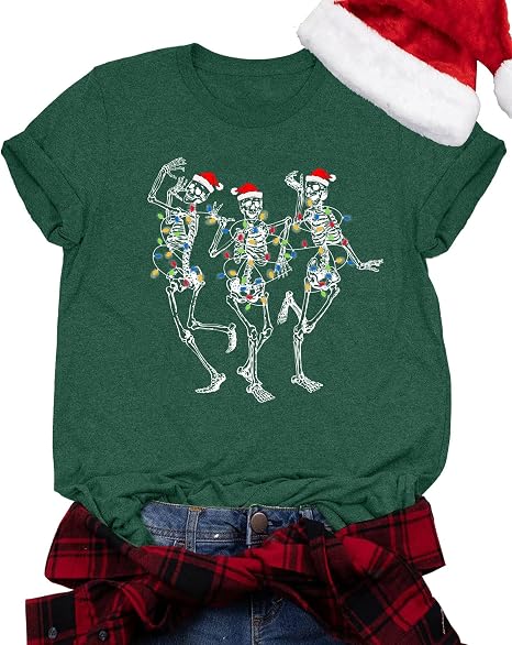 Dancing Skeleton Shirt for Women Christmas T-Shirt Xmas Graphic Tees - skeleton