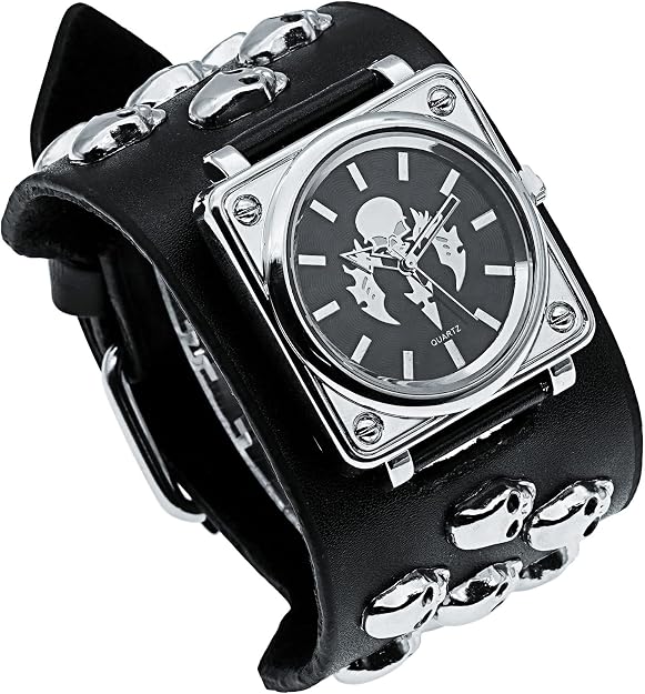 Good Leather Punk Skull Quartz Men's Square Wrist Watch,Big Dial Skull Women's Watch,Silver Elements,Fashion Gift Watch Cool Rock - skull watch