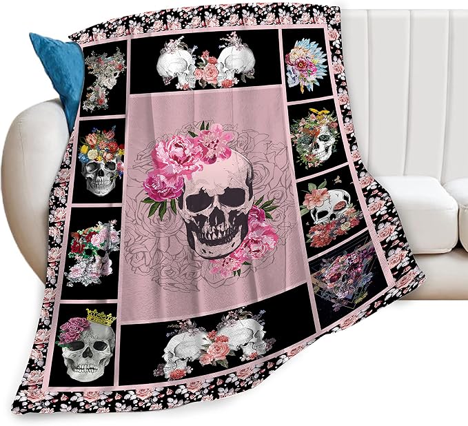 Sugar Skull Throw Blanket Super Soft Warm Horror Skeleton Rose Blanket for Women Cozy Plush Fleece Gifts Bedding Blanket for Adult Bed Couch Sofa 50″x40″