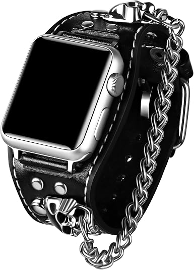 VIQIV Leather Skull Cuff Bracelet Compatible with Apple Watch Band Ultra 49mm 44mm 45mm 42mm 41mm 40mm 38mm Series 9 8 7 6 5 4 3 2 SE for Men Women, Punk Steampunk Wrist Watch Strap for iwatch Band - skull watch