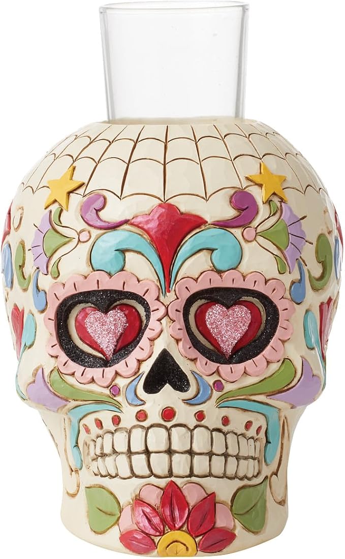 Enesco Jim Shore Heartwood Creek Four Seasons Day of The Dead Skull Votive Candleholder Without Candle, 5.5 Inches, Glass, Stone Resin, Witches, Zombies - skull figurine