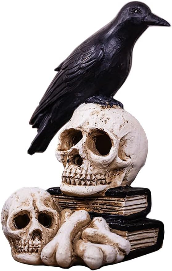 Perched Raven On Skull Raven Crow on Books Halloween Decoration, Gothin Bird Crow on Skeleton Books Figurine Statue Home Decor Gift - skull figurine