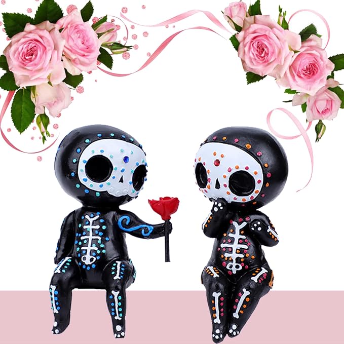 Sugar Skull Decor, Sugar Skull Couple Statue,Dia De Los Muertos Decor, Halloween Desk Decor,Day of The Dead Decorations for Home,Sugar Skull Figurine Gift for Women (A) - skull backpack